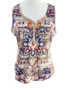 Boho Medallion Print Tank Top Sleeveless Henley Soft Knit Size L